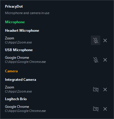 PrivacyDot dark theme popup showing illustrative detected apps grouped under Headset Microphone, USB Microphone, Integrated Camera, and Logitech Brio